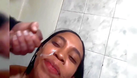 Stepmom gets her stepbrother's cock fucked in a facial