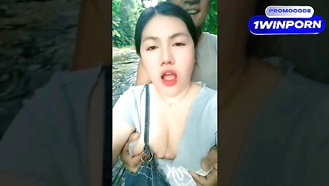 Hot brunette with natural body in hot outdoor video