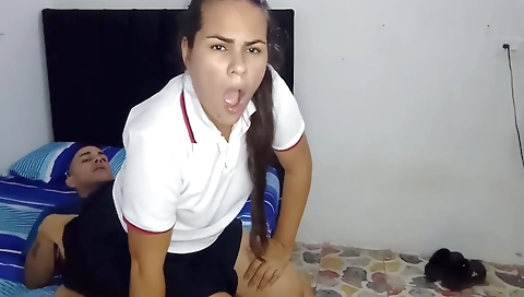 Amateur brunette giving a blowjob to her stepfather