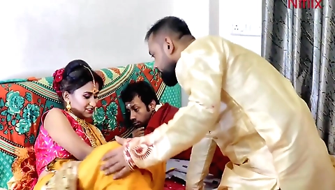 Indian brunette fucks her husband and stepbrother in a threesome