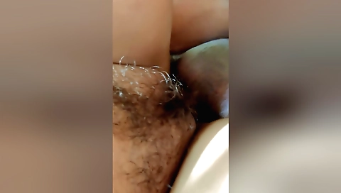 Beautiful hairy babe in pink bikini riding big dick